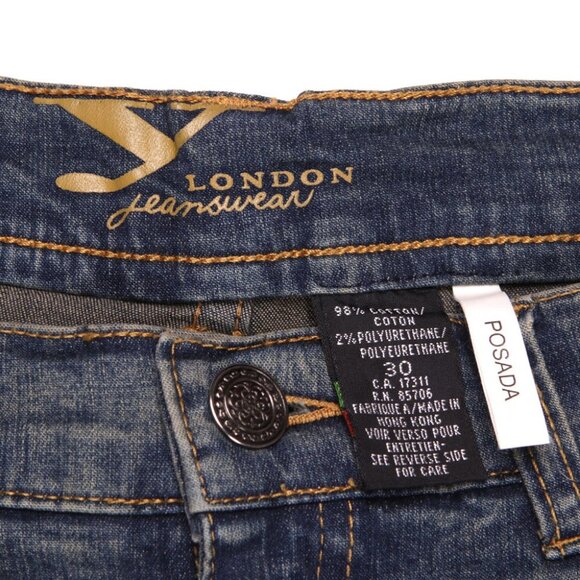 Y London Stretch Flare Jeans Flocked Velvet Design Denim Blue Zip Fly Retro 30 - Picture 7 of 8
